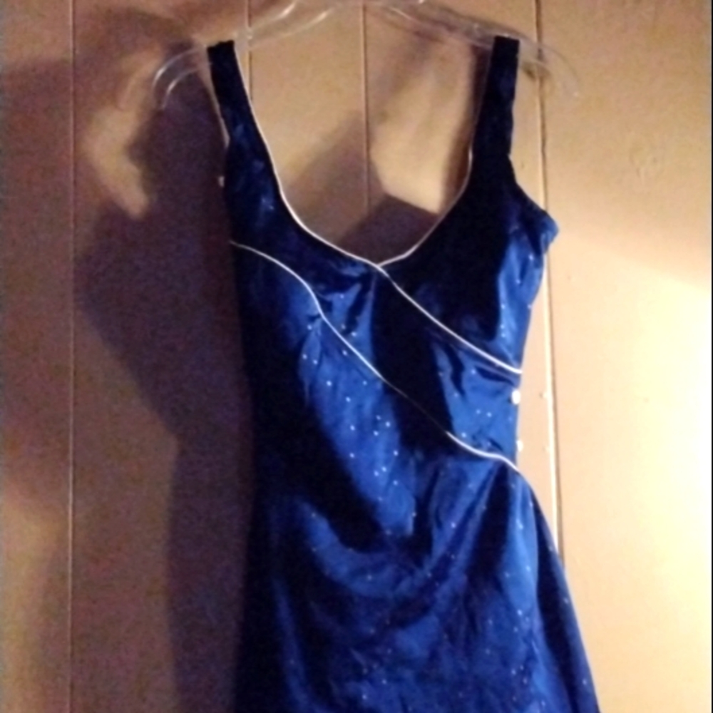 A blue Longitude one piece bathing suit gold satin trimmings